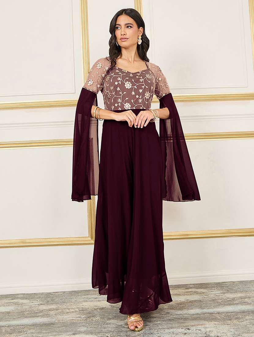 women embroiderd long sleeve fit & flare dress
