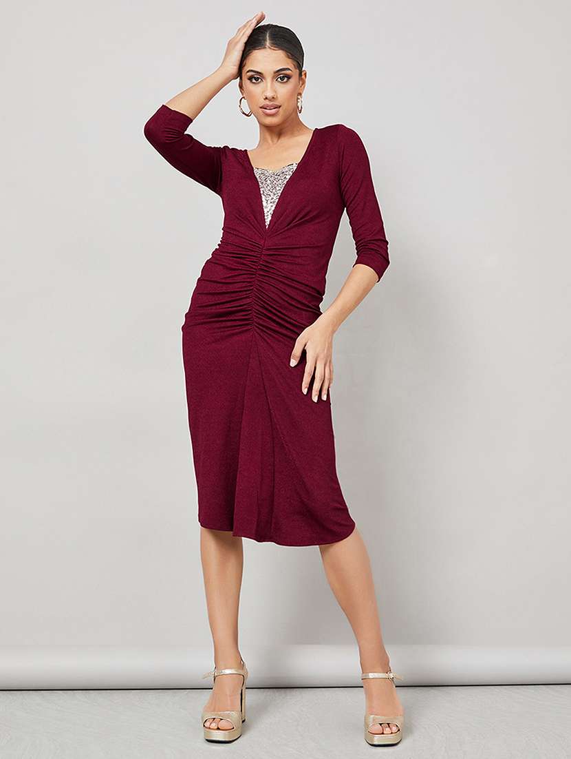 women solid three quarter sleeve sheath dress