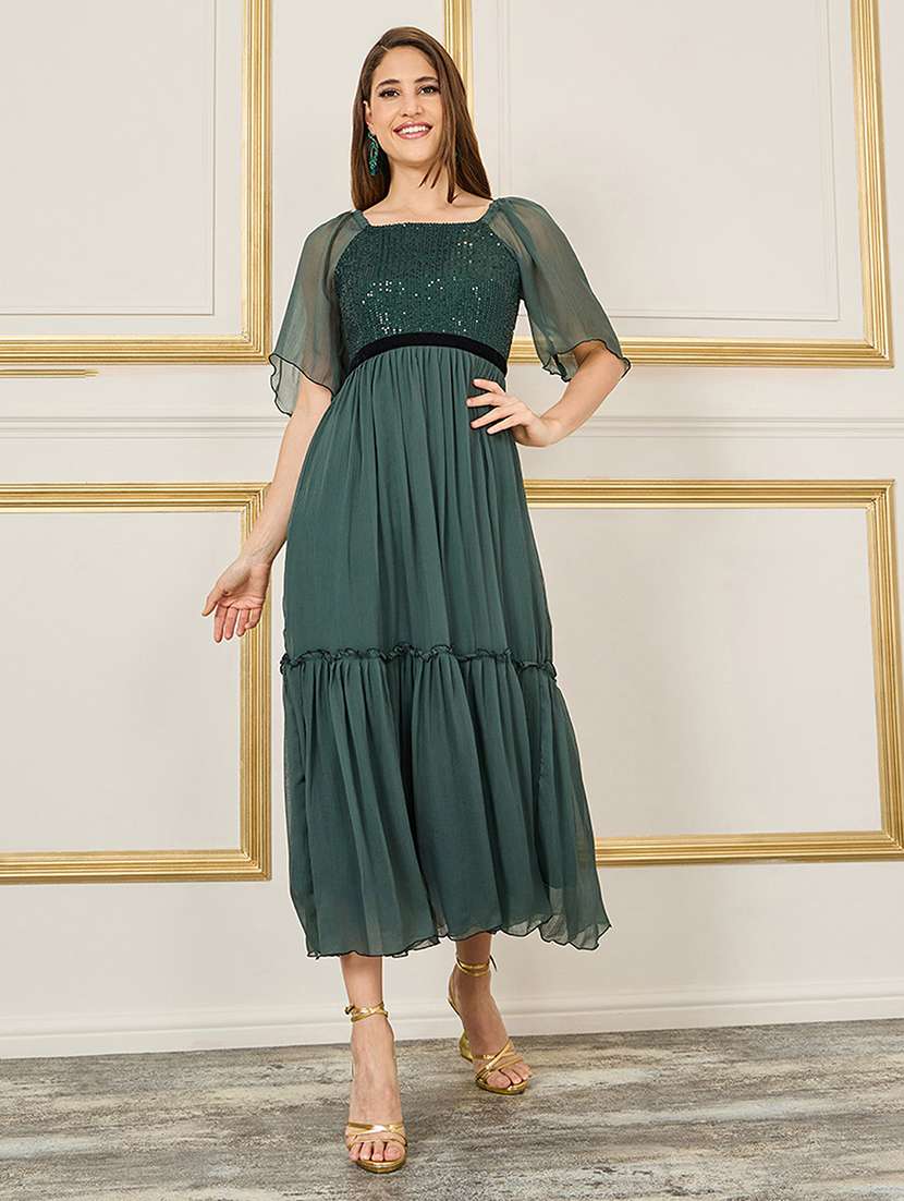 women sequined flared sleeve tiered dress
