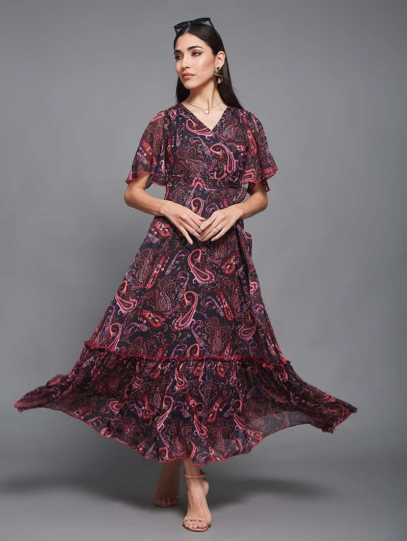 women printed flared sleeve tiered dress