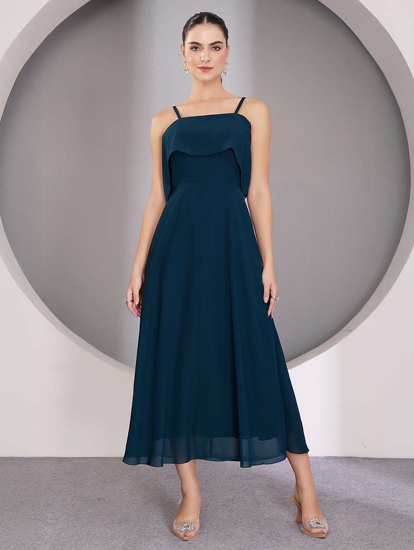 women solid shoulder strap a-line dress