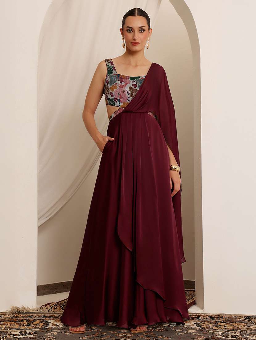 women printed sleeveless drape flared dress