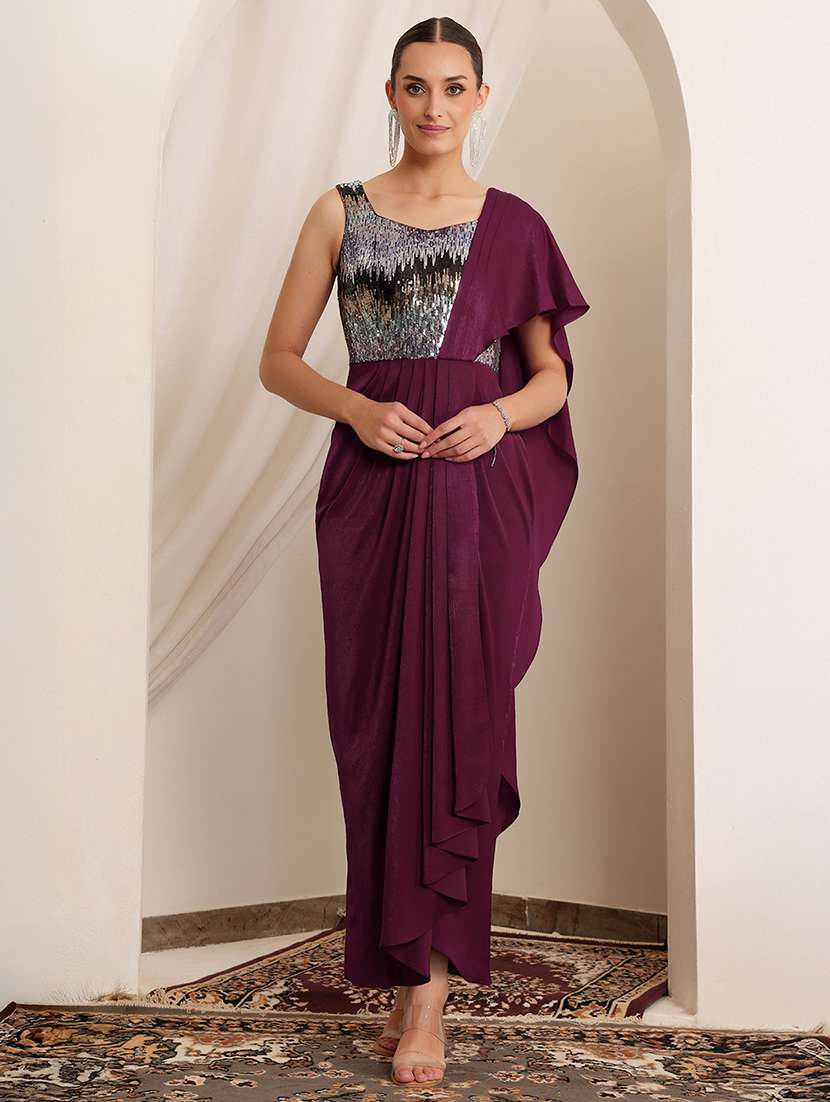 women sequined sleeveless drape sheath dress
