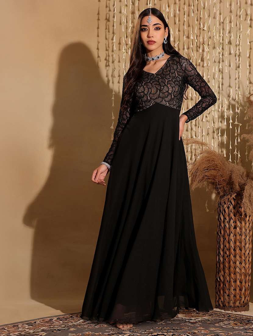 women self designed long sleeve lace fit & flare dress