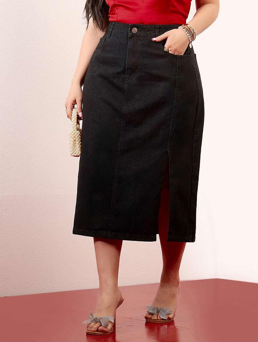 women solid high rise denim straight skirt