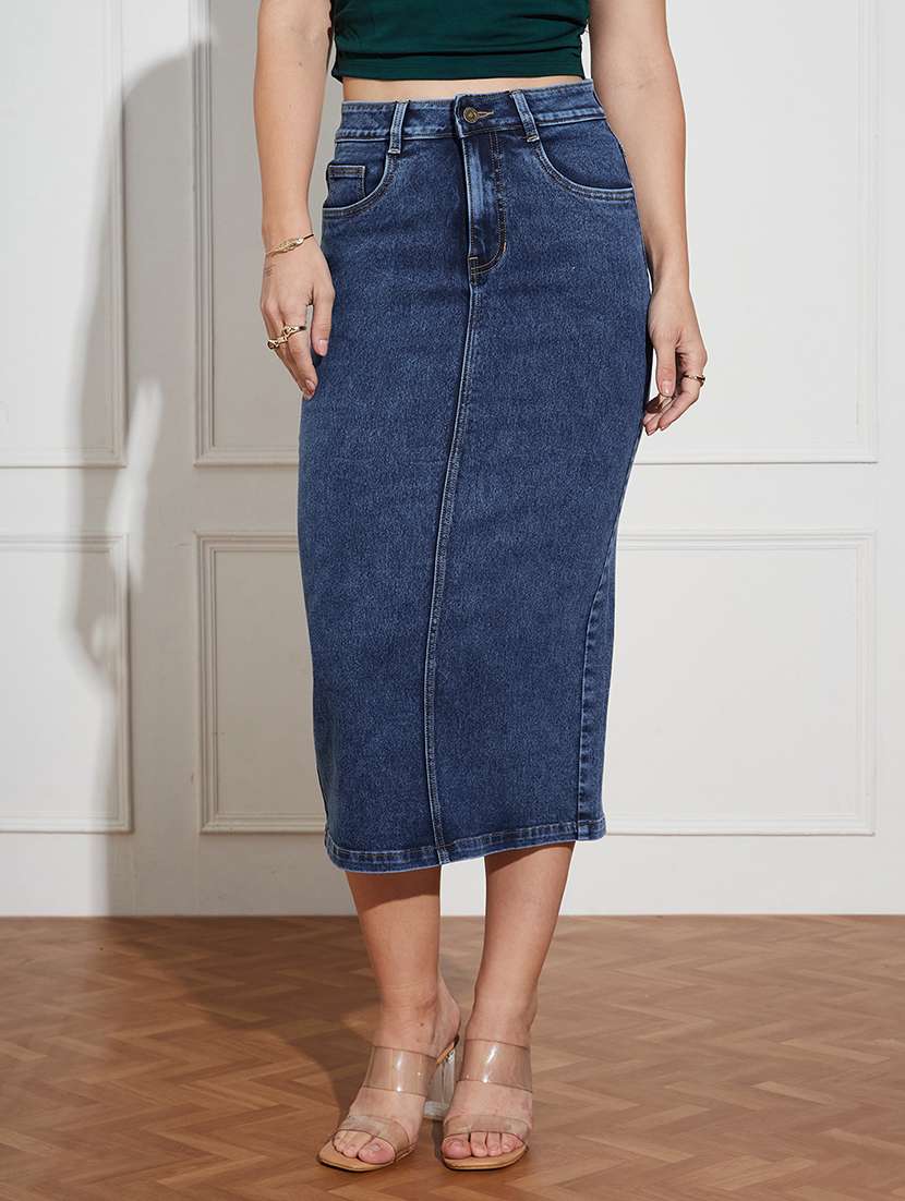 women solid high rise pencil skirt