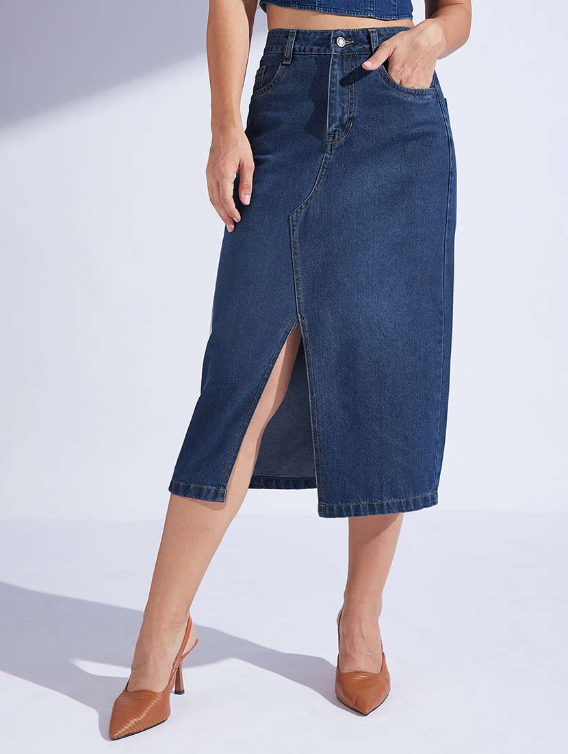 women solid high rise denim bodycon skirt
