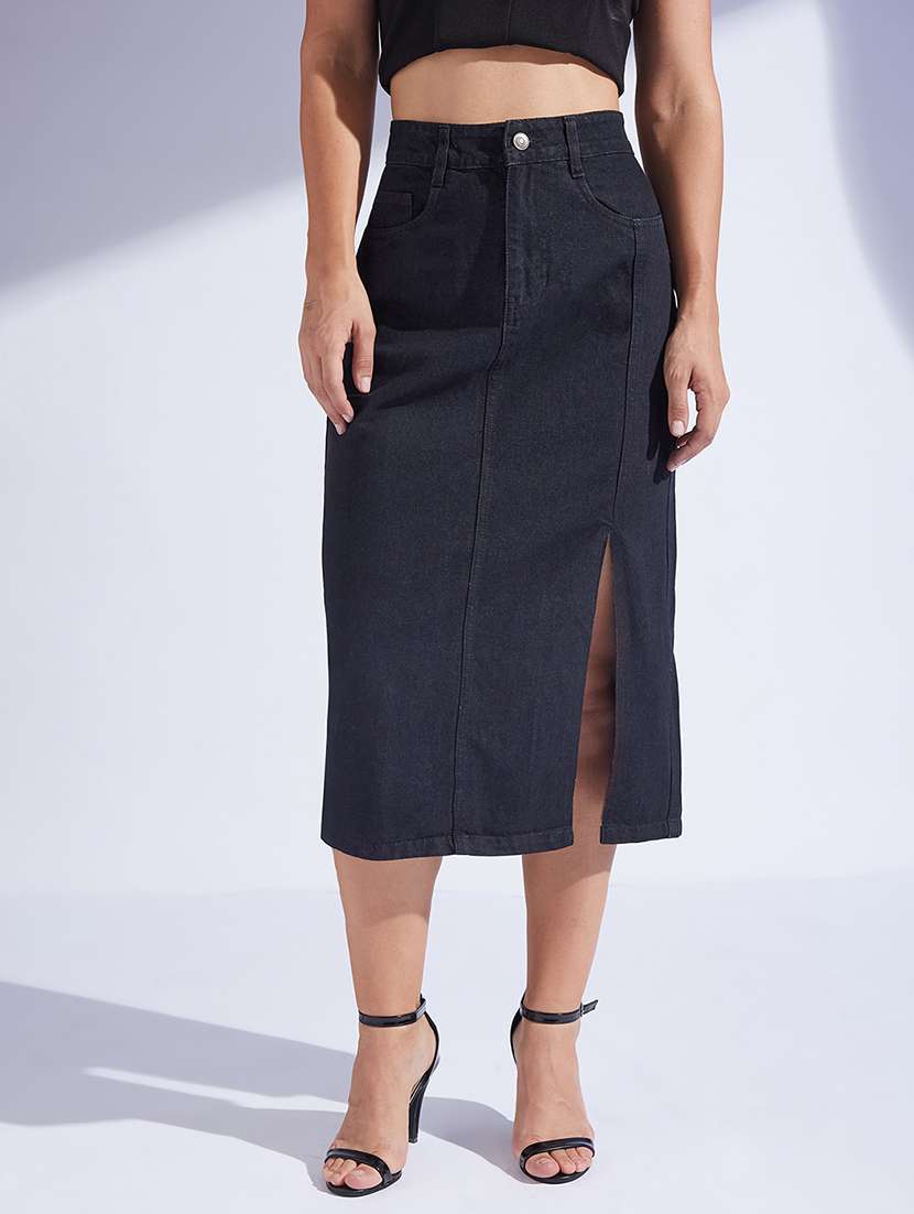 women solid high rise denim bodycon skirt
