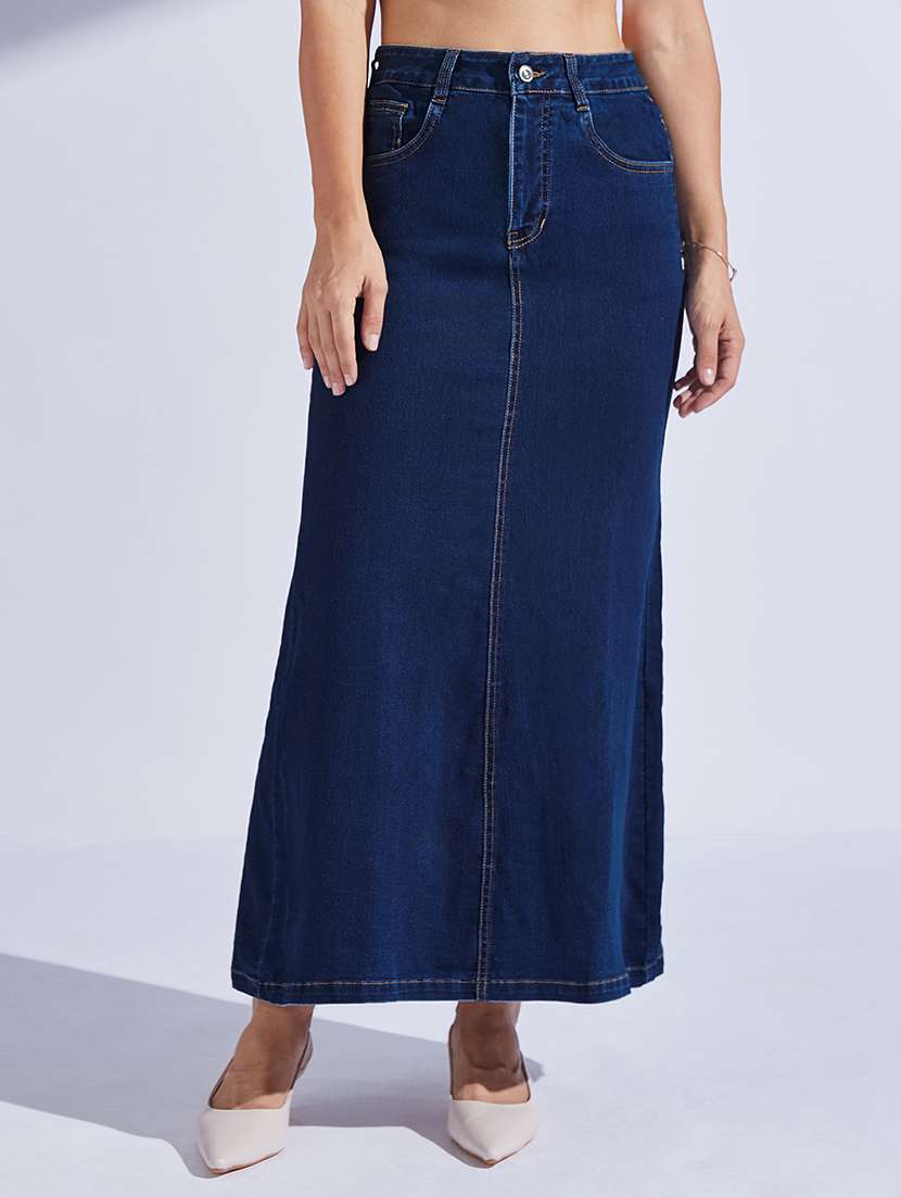 women solid high rise denim skirt