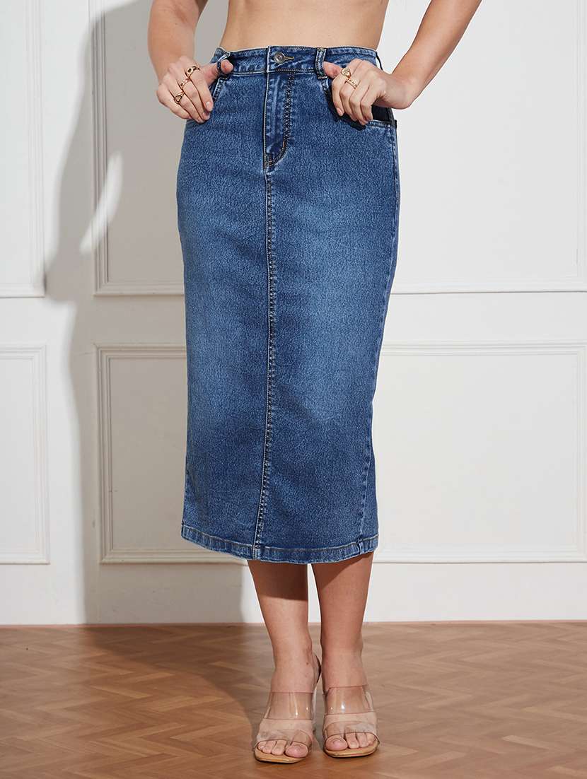 women solid high rise denim bodycon skirt