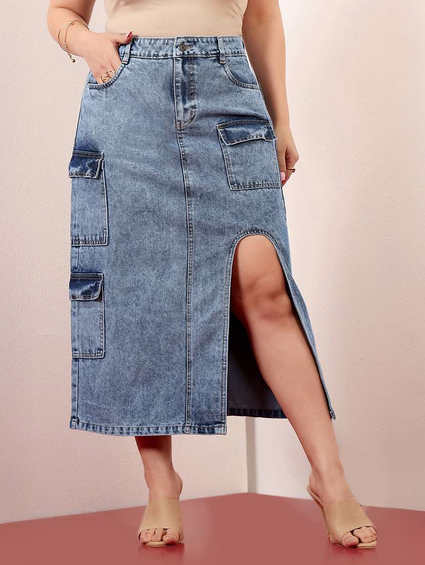 women solid high rise denim cargo skirt
