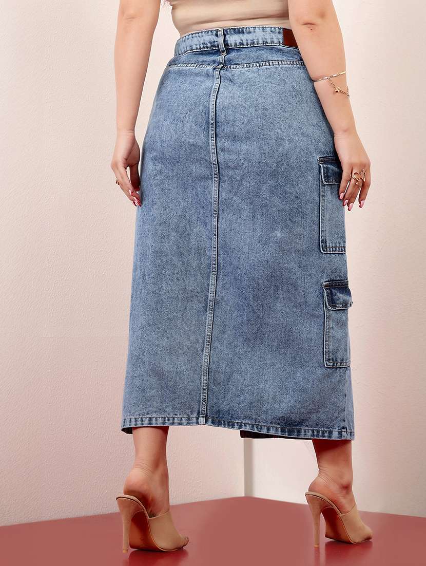 women solid high rise denim cargo skirt - 22403338 -  Standard Image - 3