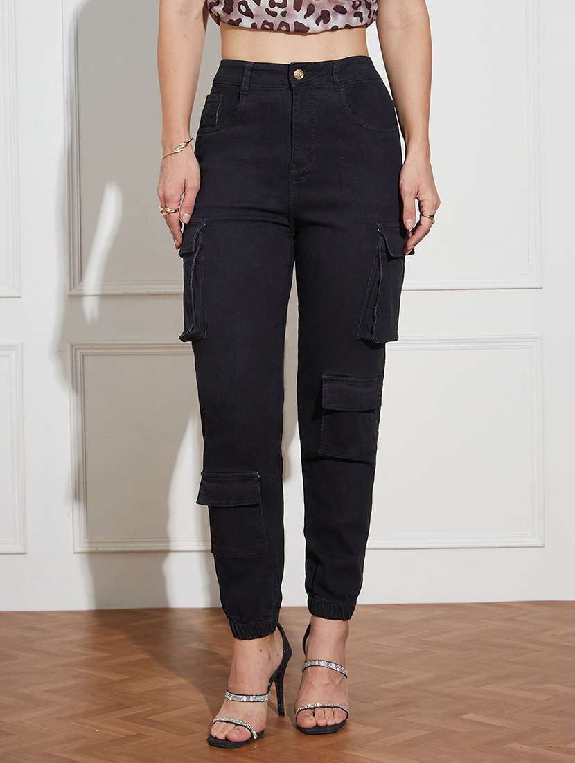 women solid high rise denim cargo