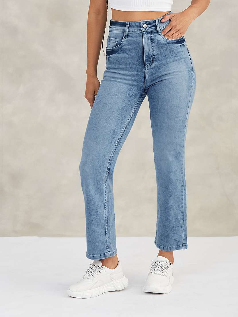 women solid high rise straight jeans