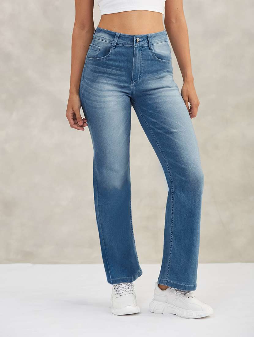 women solid high rise straight jeans