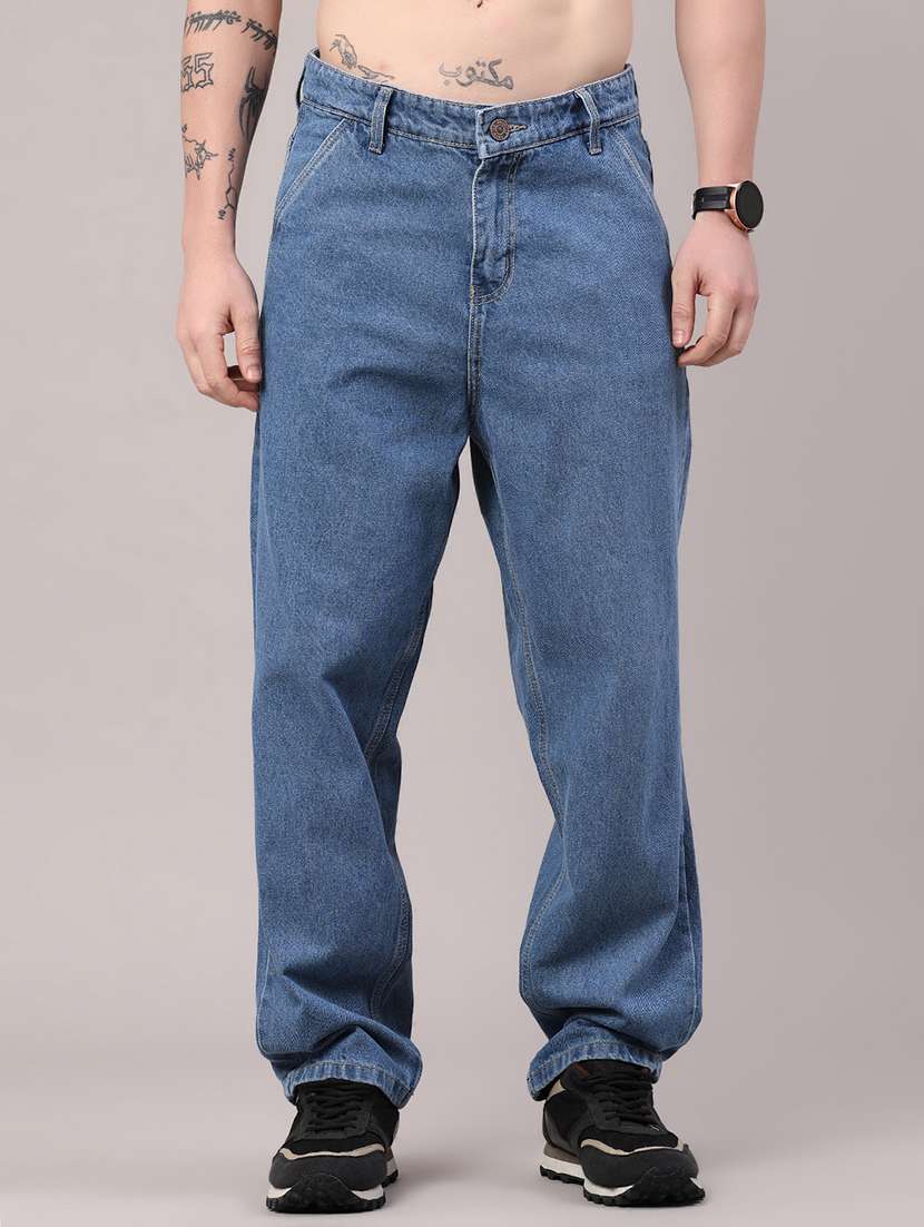 men solid mid rise baggy jeans