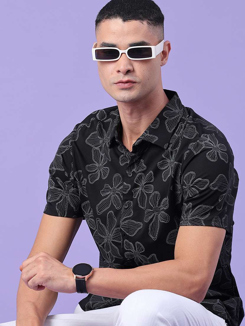 men printed short sleeve slim fit casual shirt