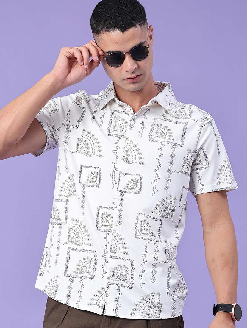 men printed short sleeve slim fit casual shirt