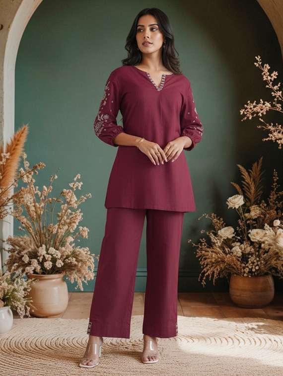 women solid with work three quarter sleeve ethnic co-ord set