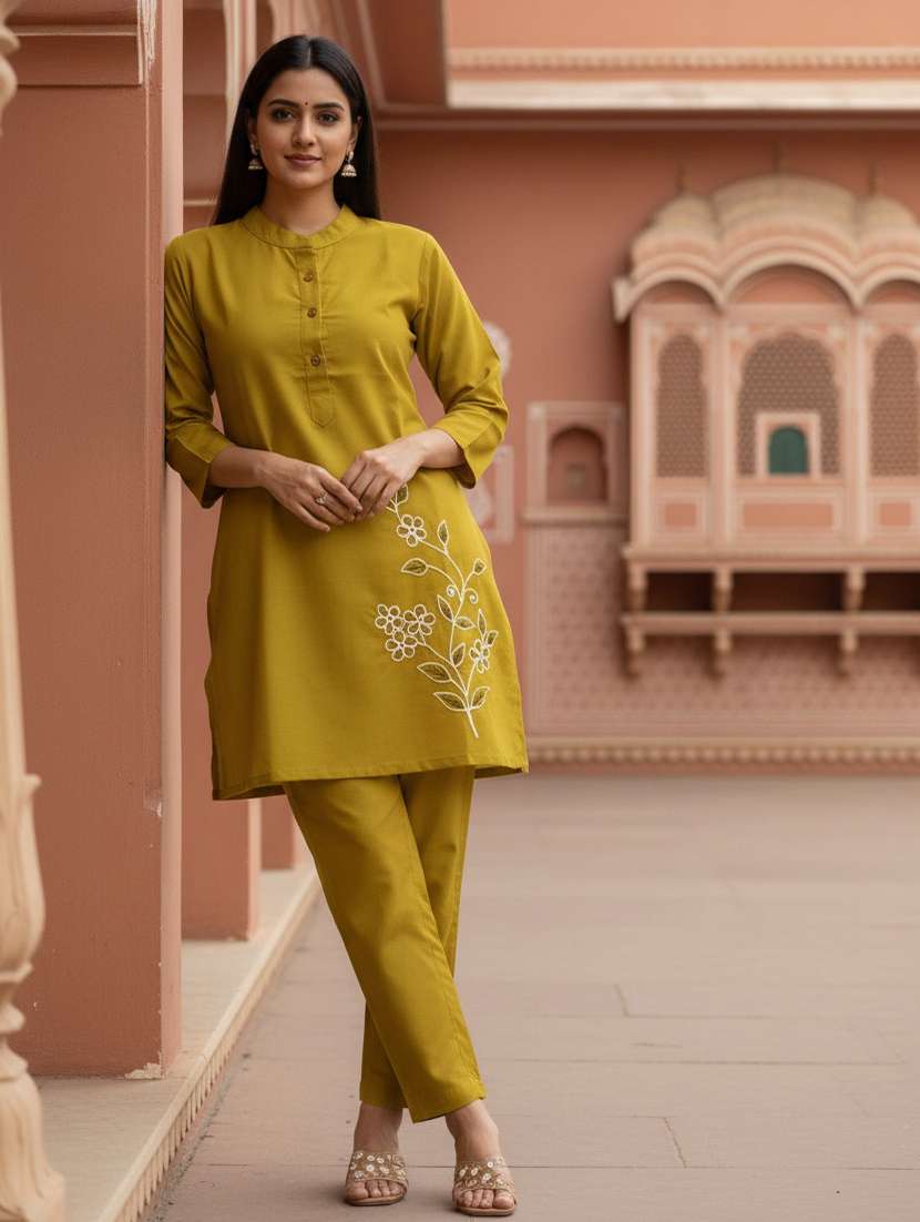 women solid with work three quarter sleeve ethnic co-ord set