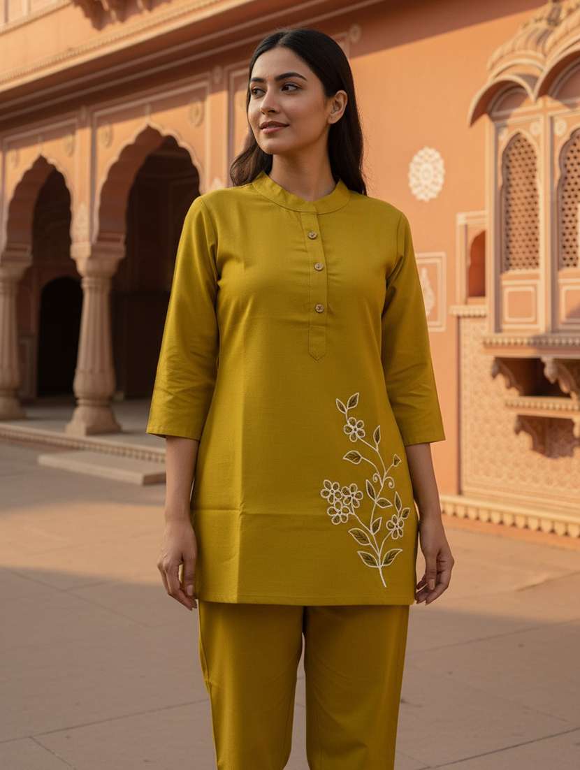 women solid with work three quarter sleeve ethnic co-ord set - 22404014 -  Standard Image - 3