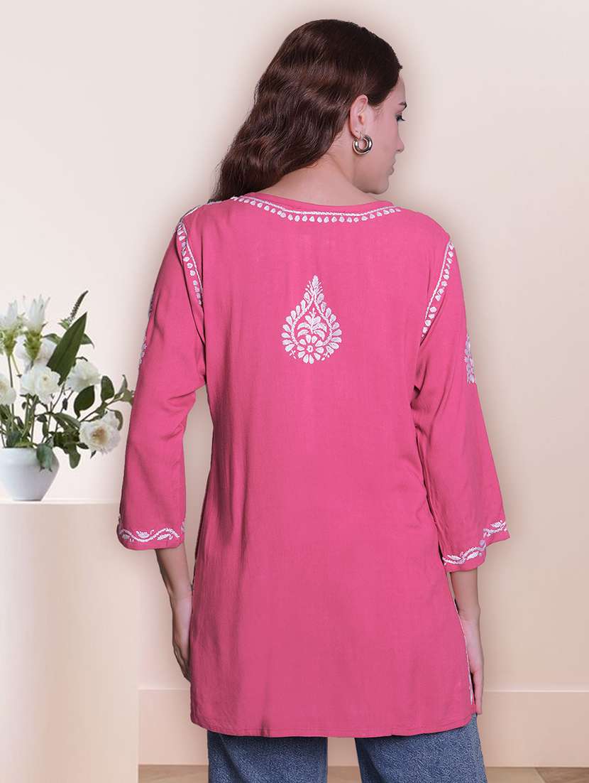 women chikankari three quarter sleeve straight kurti - 22404109 -  Standard Image - 3