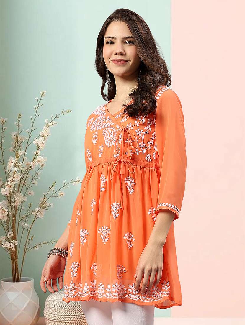 women chikankari three quarter sleeve angrakha kurta - 22404114 -  Standard Image - 3