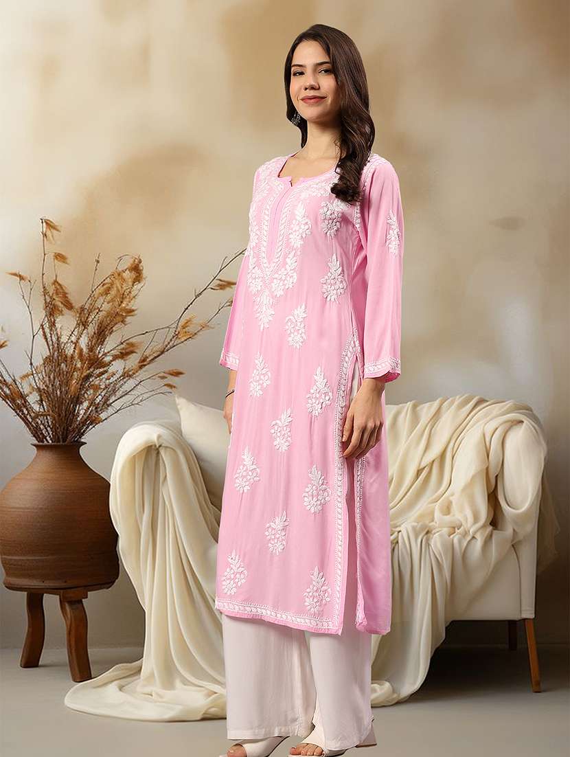 women chikankari long sleeve straight kurta - 22404115 -  Standard Image - 3
