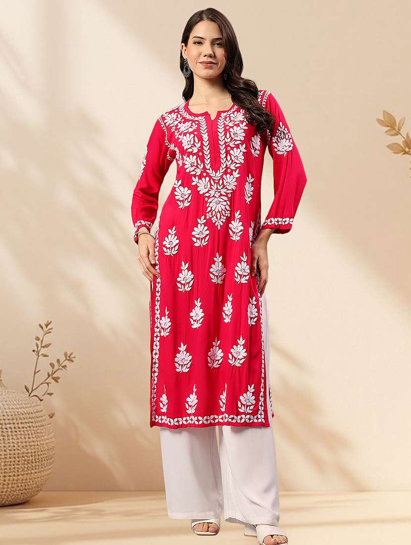 women chikankari long sleeve straight kurta