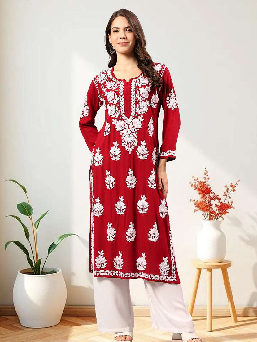 women chikankari long sleeve straight kurta