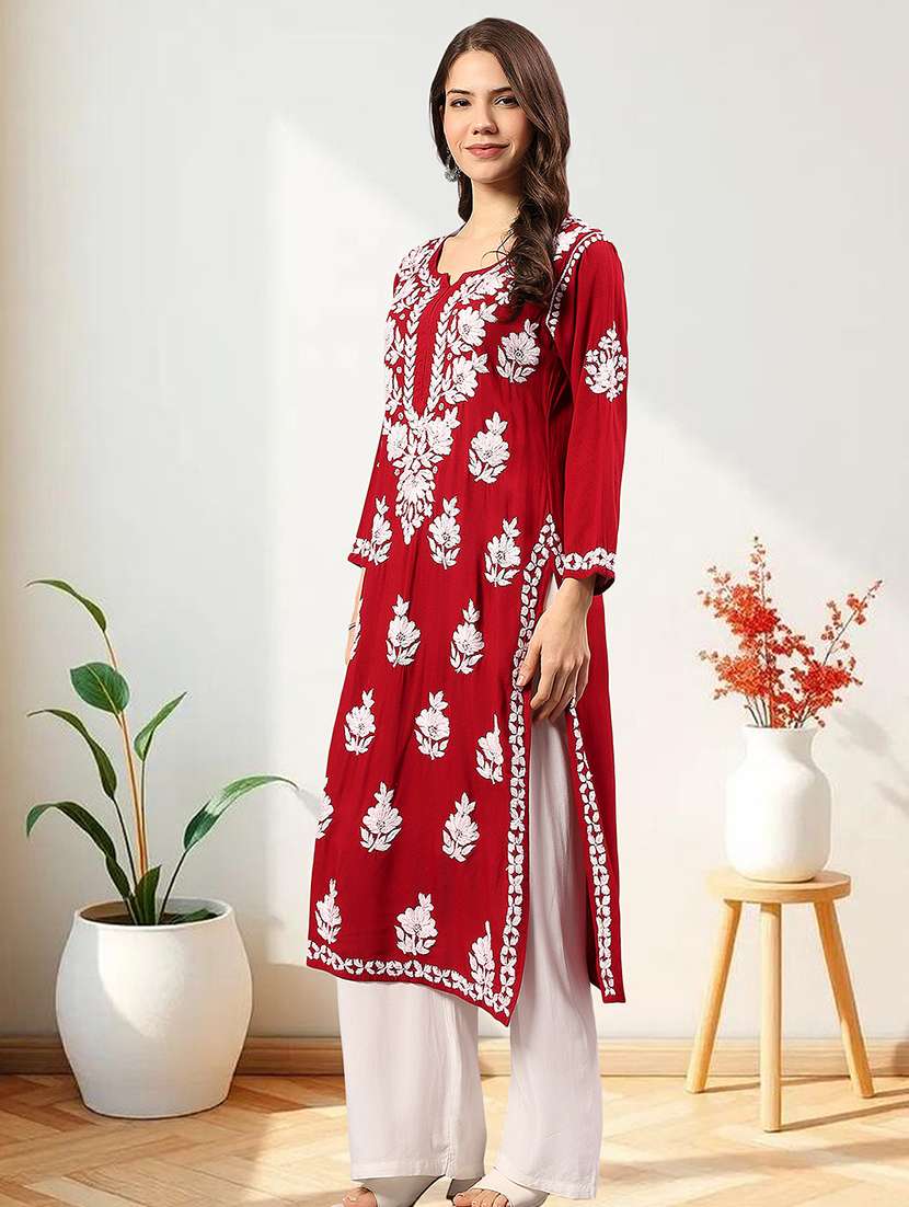 women chikankari long sleeve straight kurta - 22404117 -  Standard Image - 3