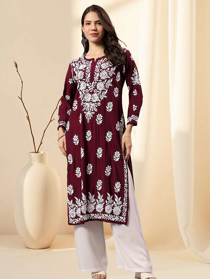 women chikankari long sleeve straight kurta