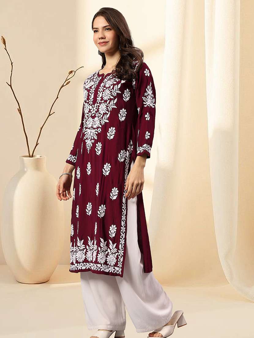 women chikankari long sleeve straight kurta - 22404119 -  Standard Image - 3