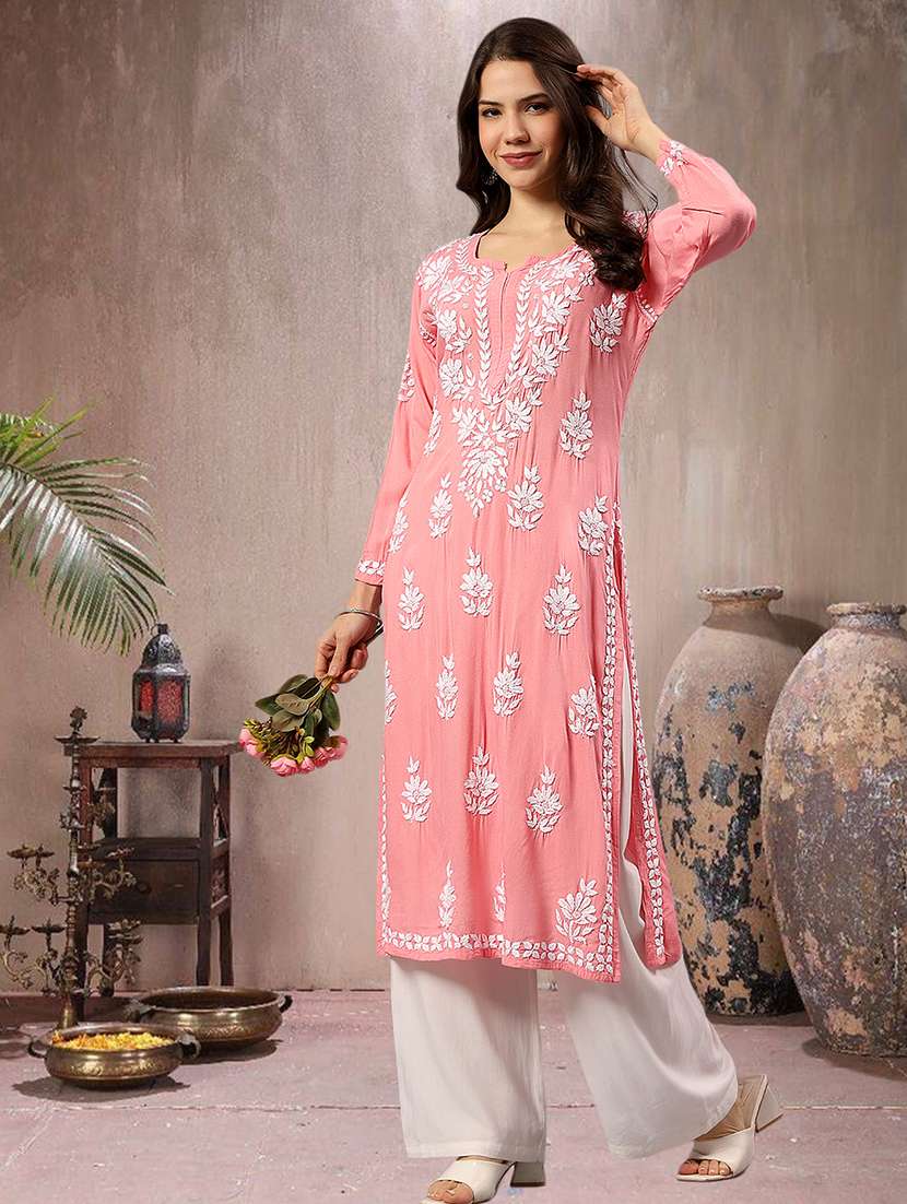 women chikankari long sleeve straight kurta