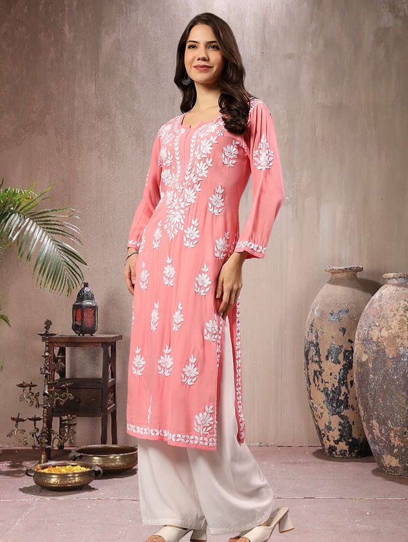women chikankari long sleeve straight kurta - 22404120 -  Standard Image - 3