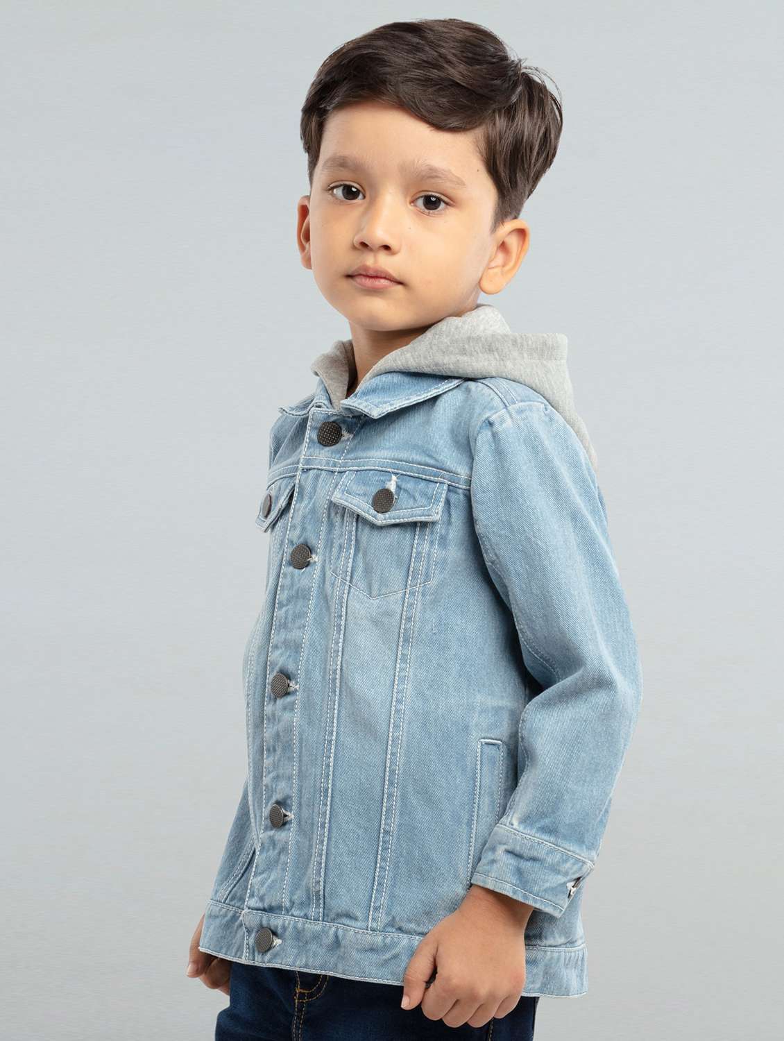 blue cotton blend hooded denim jacket