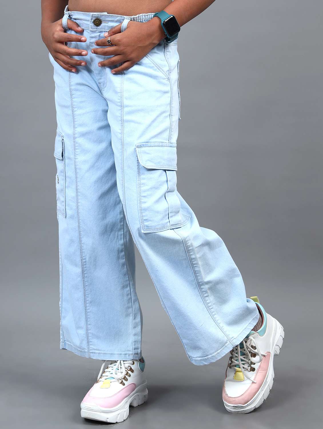 light blue denim cargo wide leg jeans