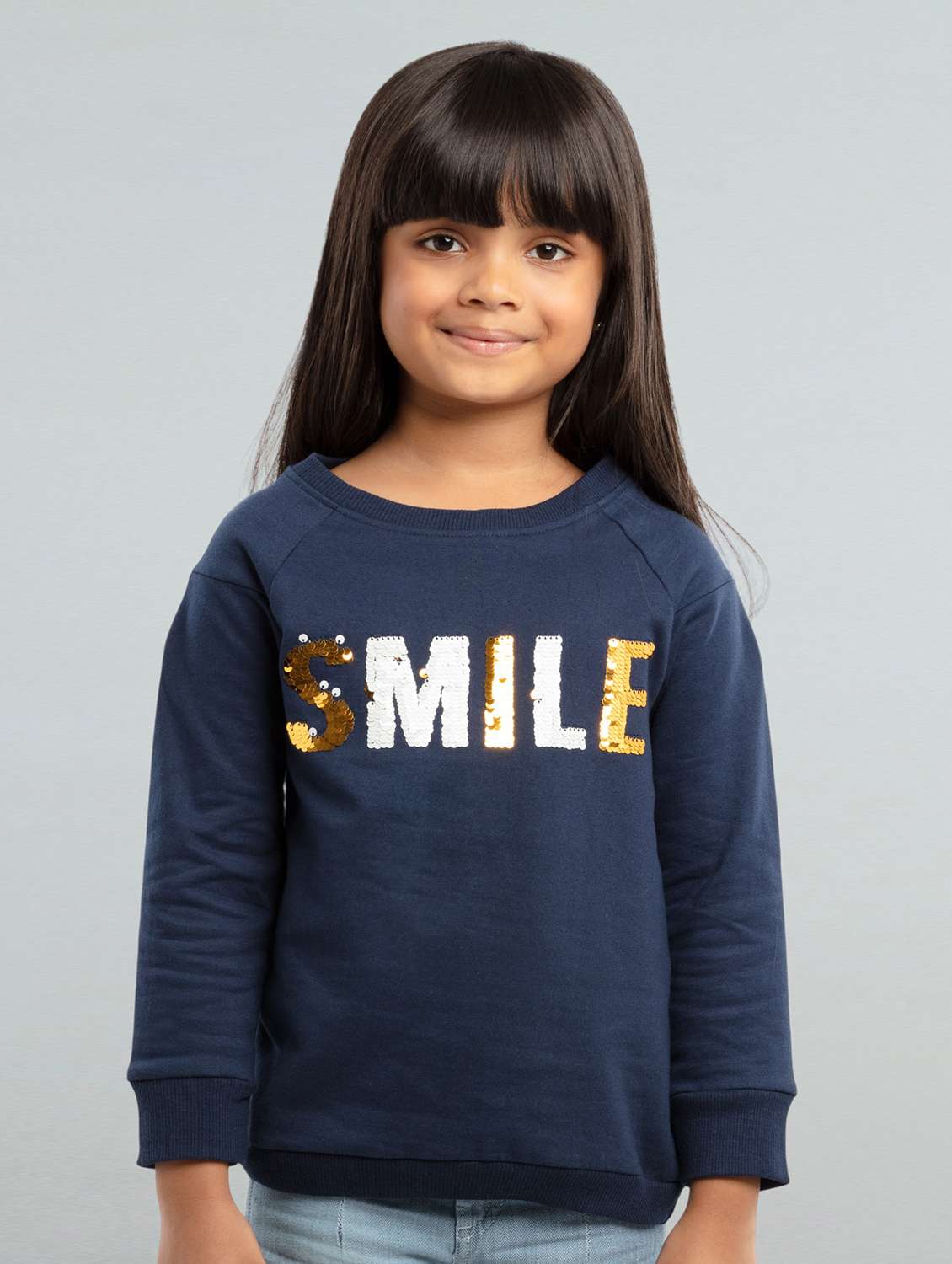 girl navy blue fleece chest print sweatshirt
