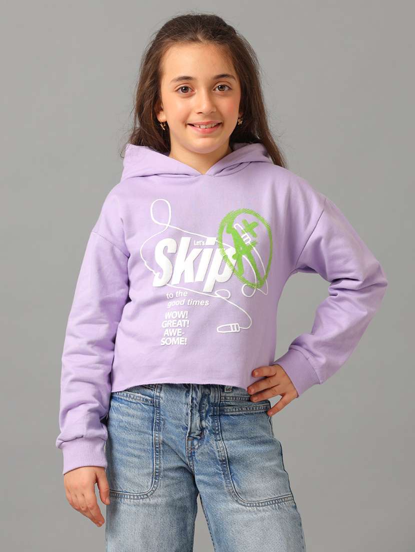 girls purple fleece front print sweatshirt