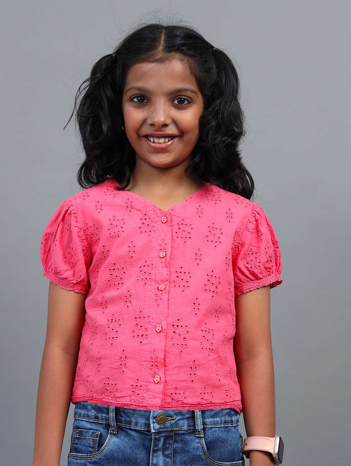 girls solid with work pink puff sleeve top