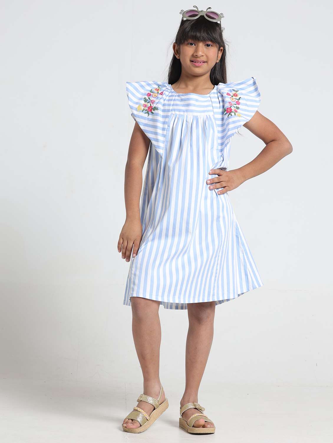 stripes cotton blend ruffle sleeve party dress