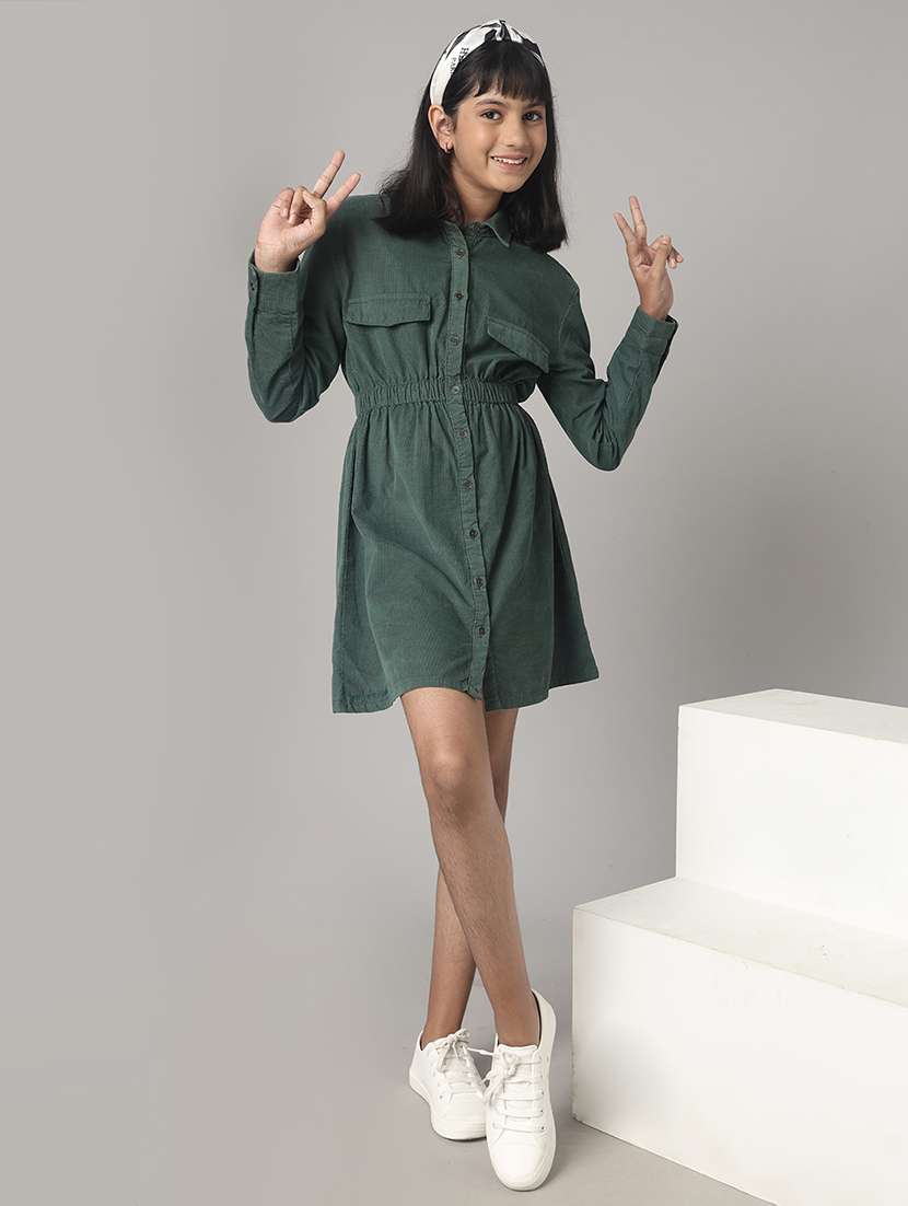 girl green corduroy shirt dress