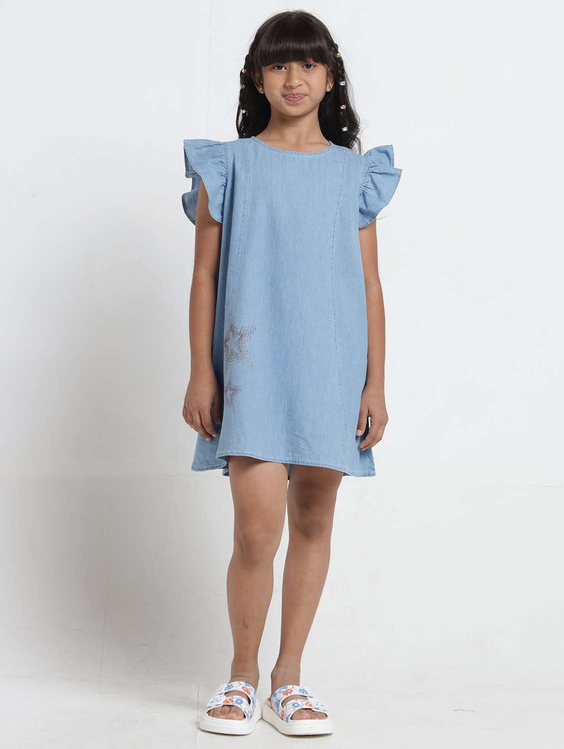 light blue denim a-line ruffle dress