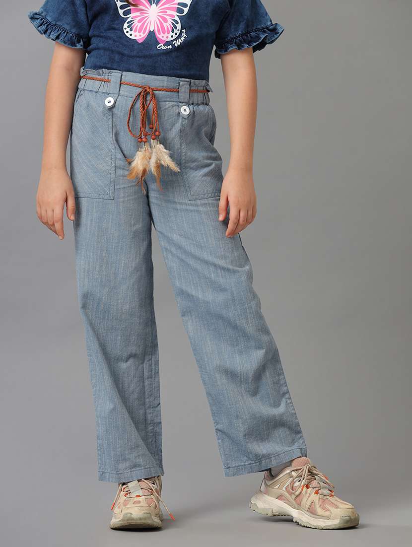 girl solid blue cotton casual trouser