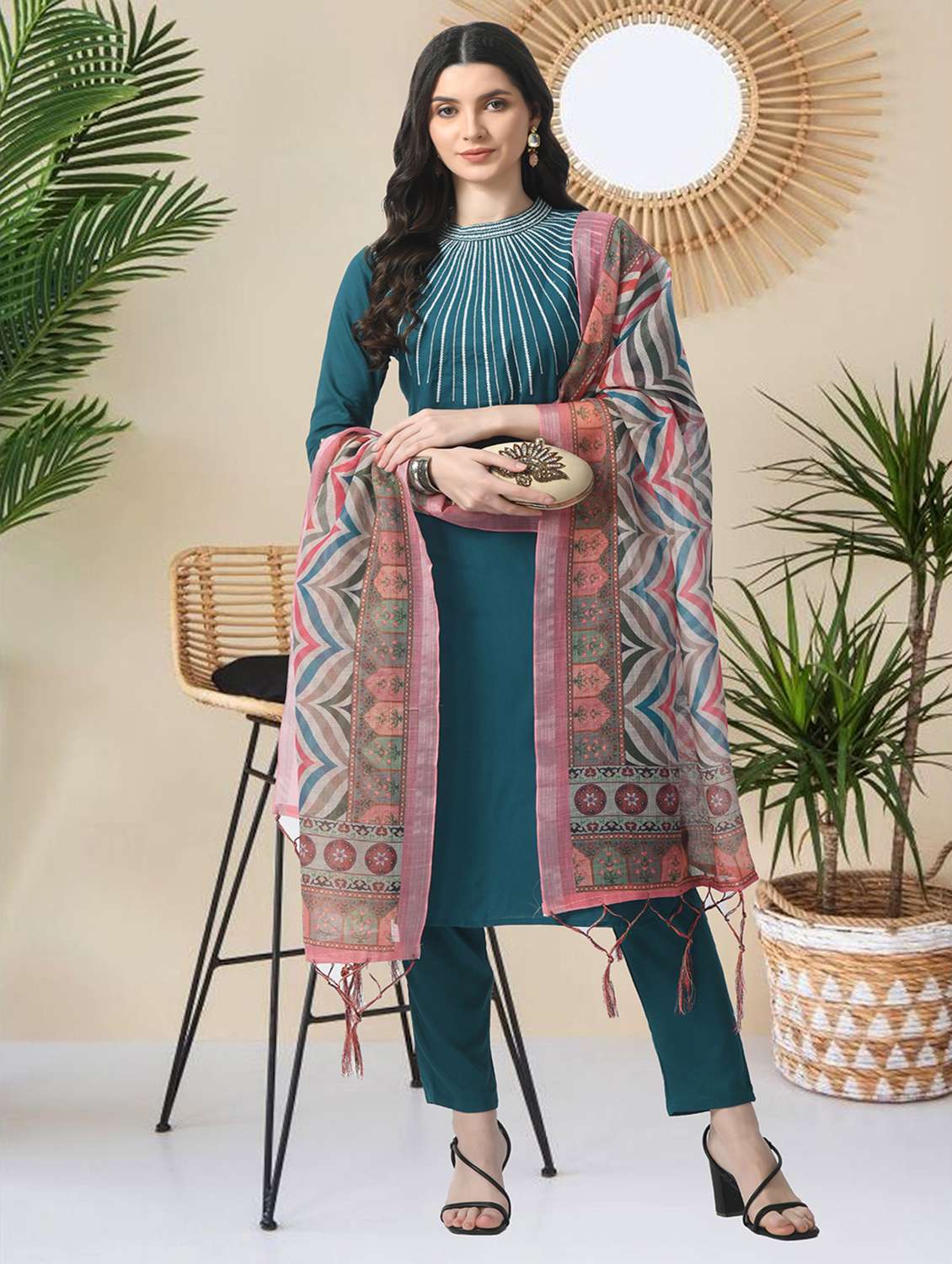 women solid with work three quarter sleeve kurta pant with dupatta set