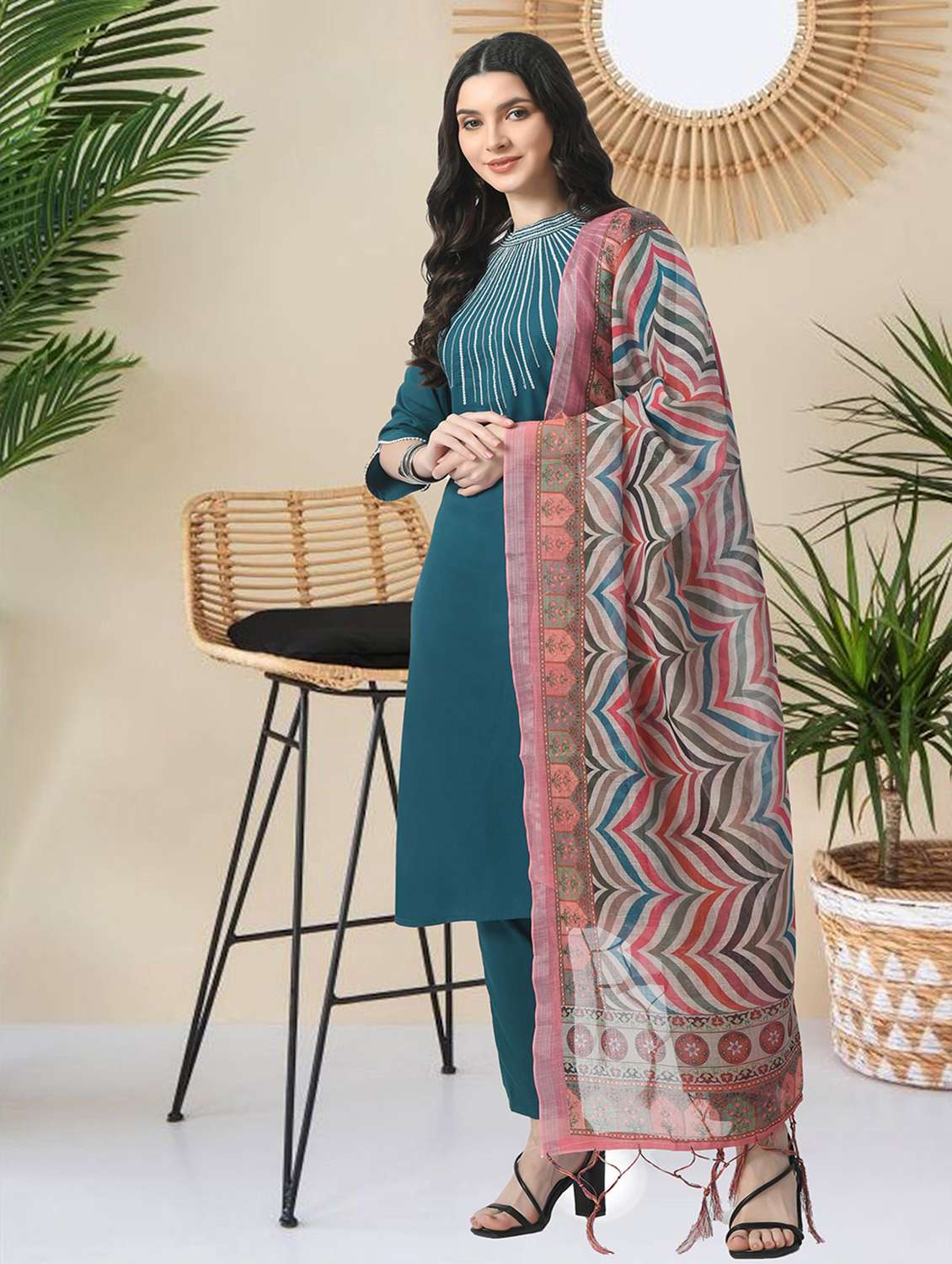 women solid with work three quarter sleeve kurta pant with dupatta set - 22404304 -  Standard Image - 3