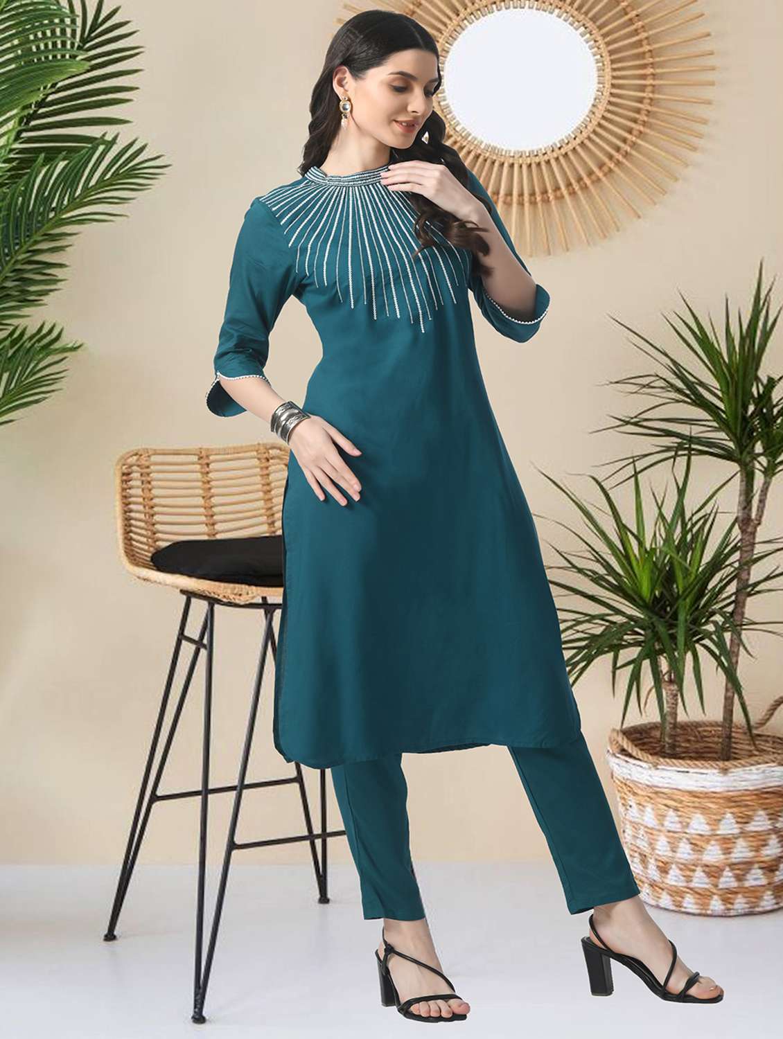 women solid with work three quarter sleeve kurta pant with dupatta set - 22404304 -  Standard Image - 5