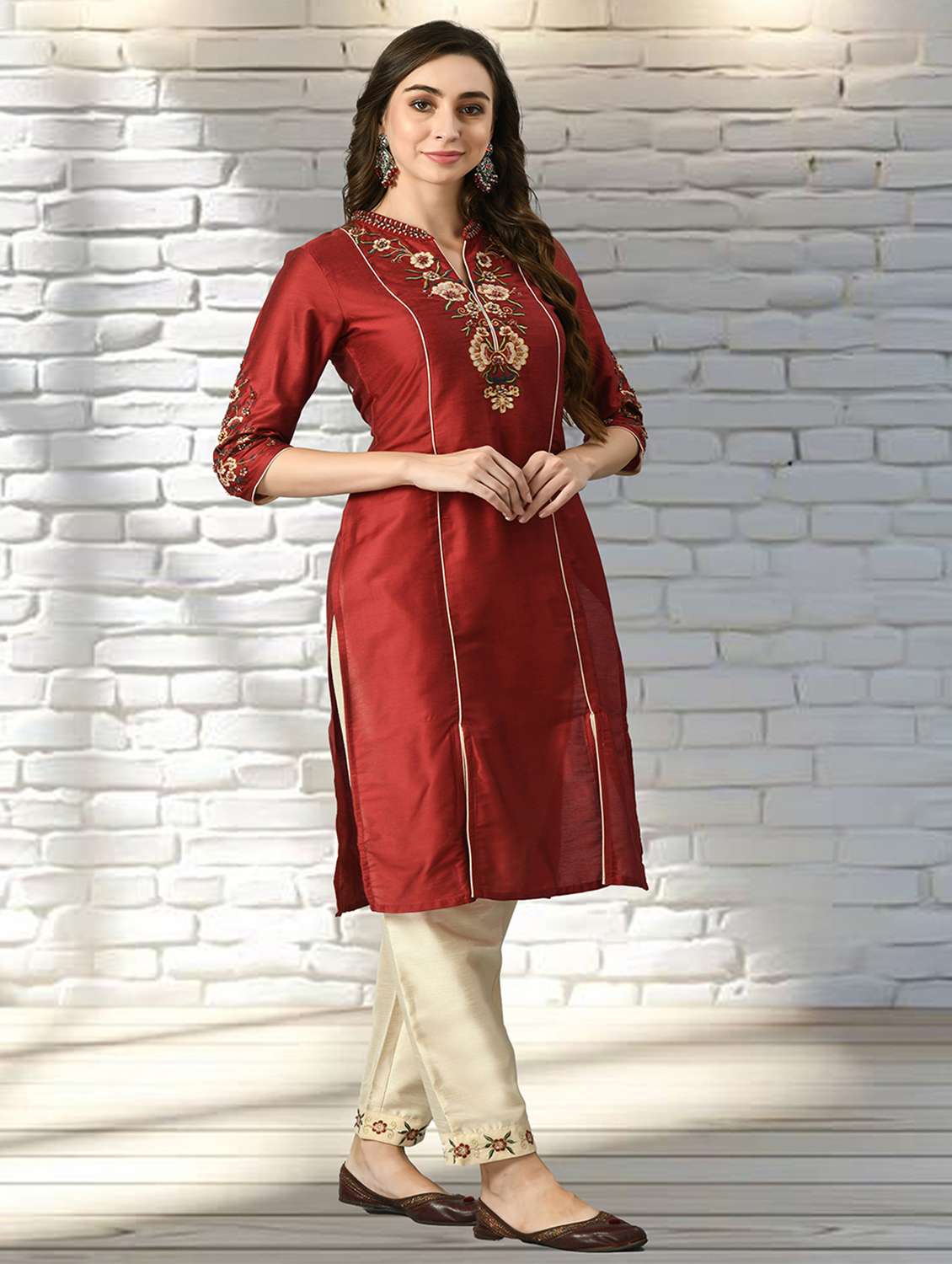 women solid with work three quarter sleeve kurta pant with dupatta set - 22404305 -  Standard Image - 3