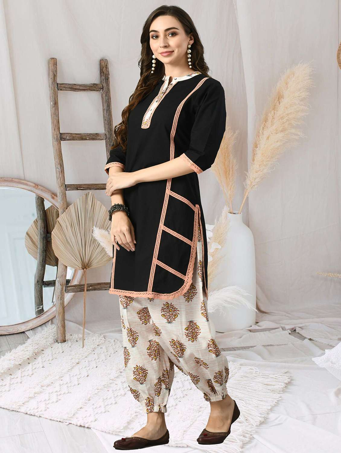 women solid with work three quarter sleeve kurta salwar set - 22404306 -  Standard Image - 5