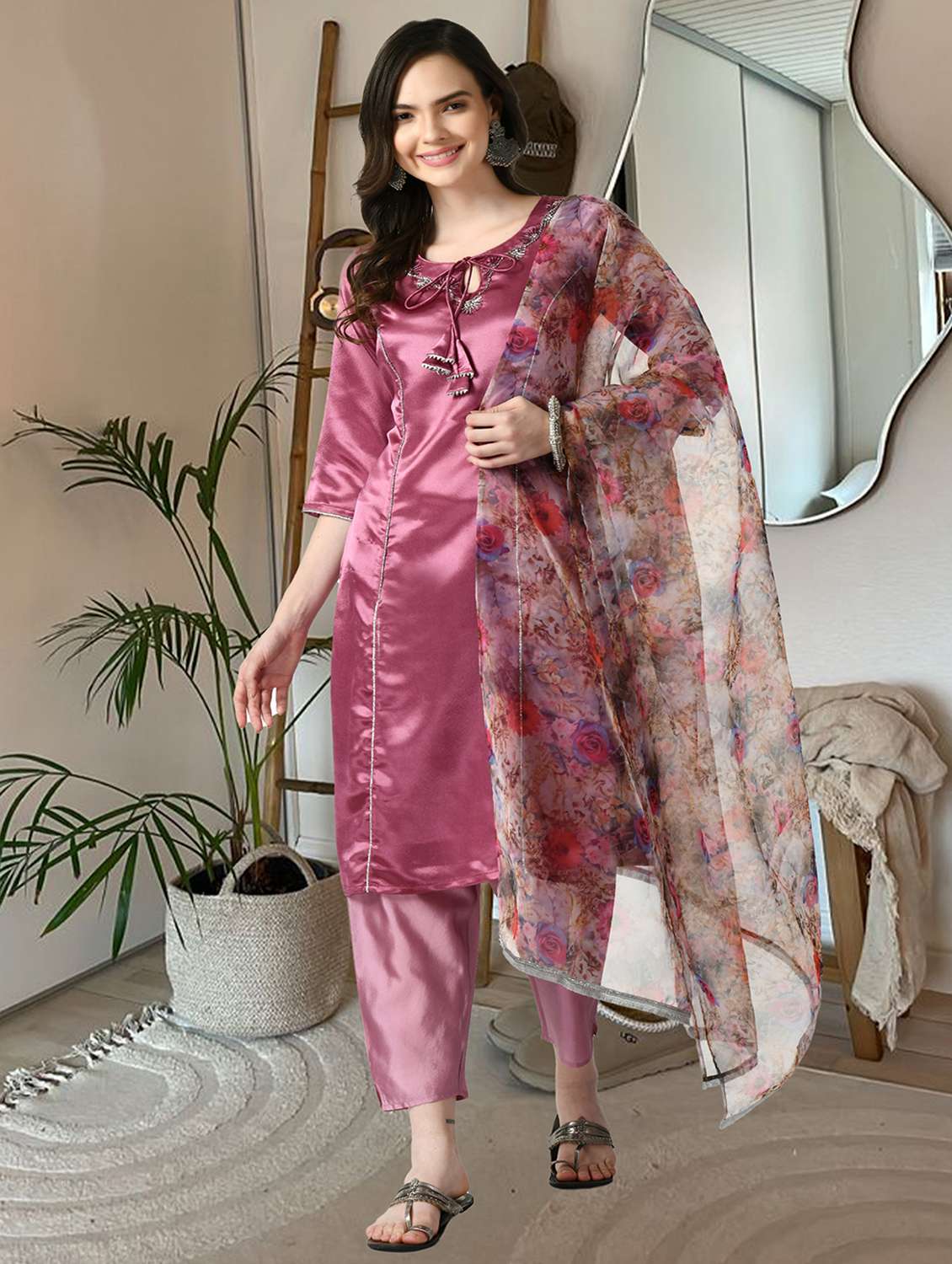 women solid with work three quarter sleeve kurta pant with dupatta set